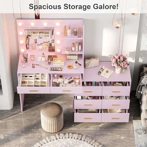 Black Vanity Desk with Mirror and Lights, 8 Storage Drawers U307