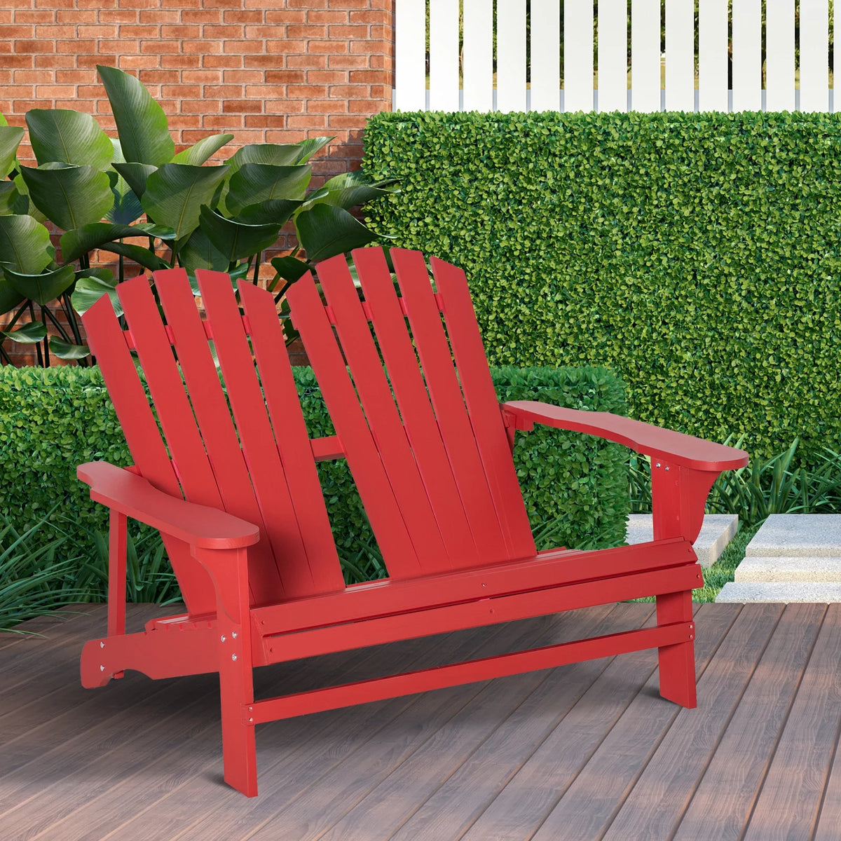 2 Person Wooden Adirondack Loveseat with High-back, Wide Armrests, Red L95229