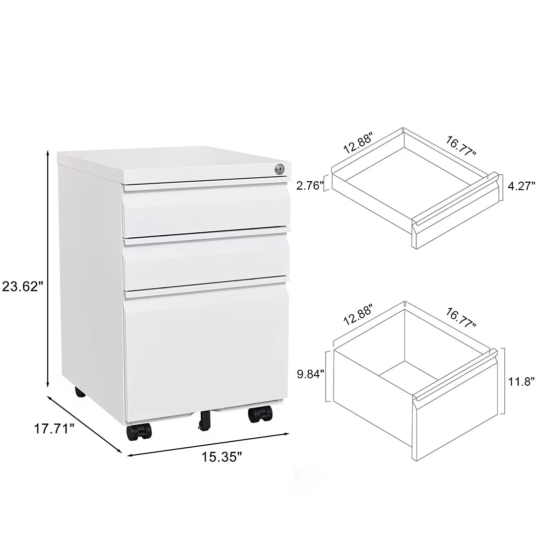 3 Drawer White Mobile File Cabinet with Lock W51841