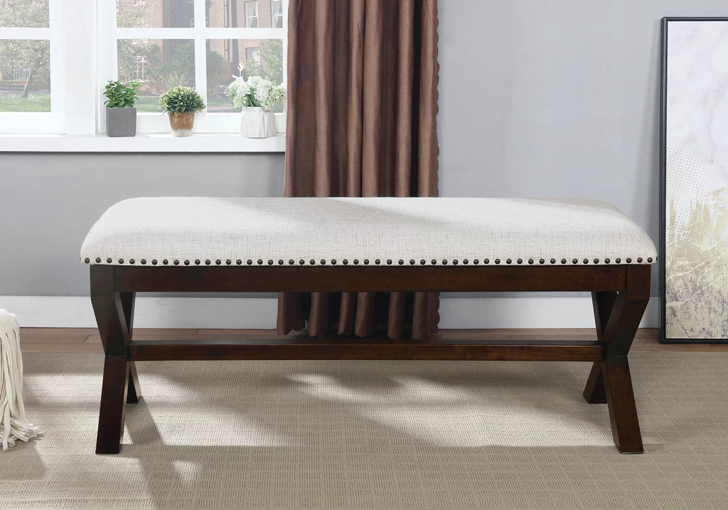 Linen White Fabric Bench with Dark Walnut Base C2821