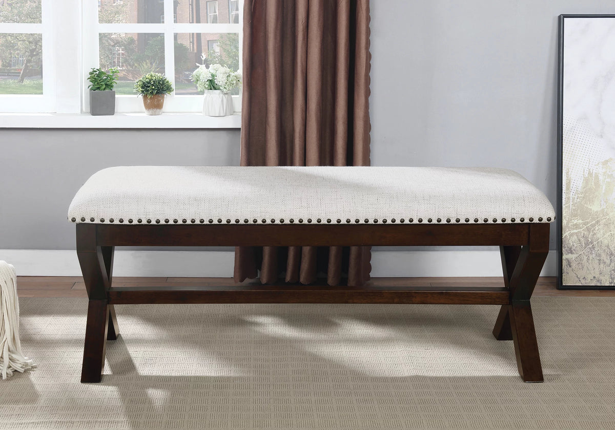 Linen White Fabric Bench with Dark Walnut Base C2821