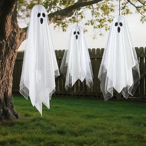 3 Pack 12" Lighted Hanging Ghost Halloween Decorations with Sheer Gauze A2629