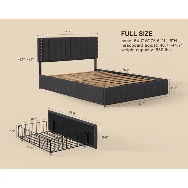 Full Bed Frame with 4 Storage Drawers D6625