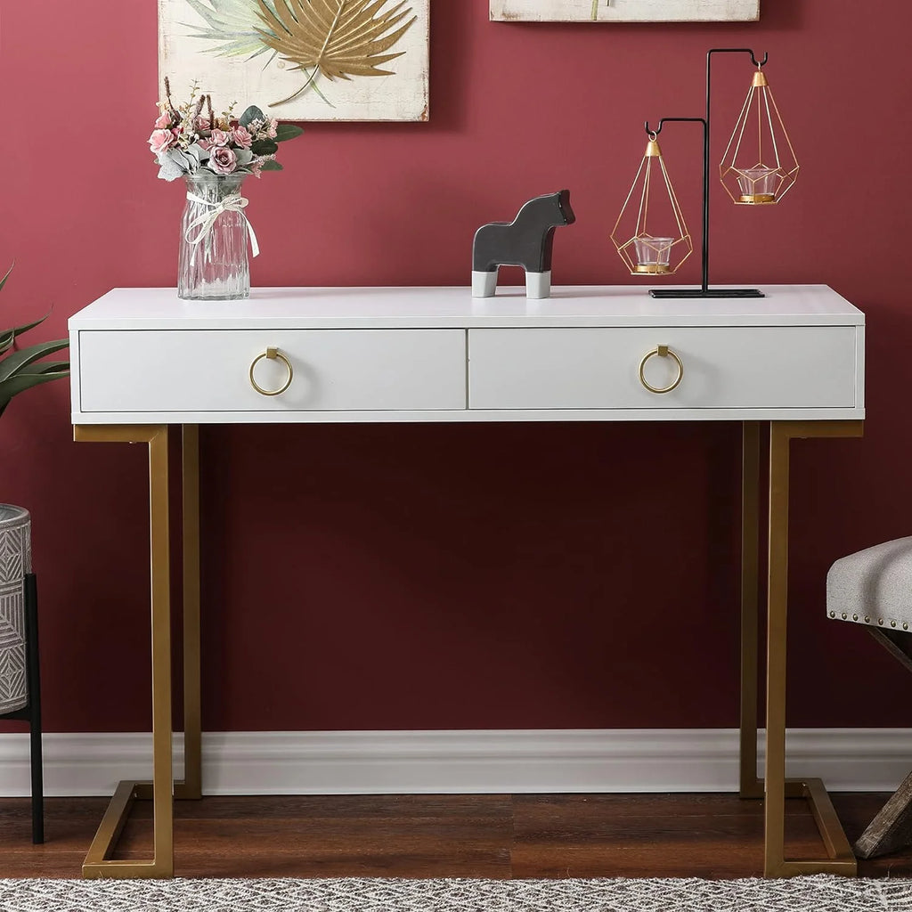White Gold 2 Drawer Wood Metal Desk P6078
