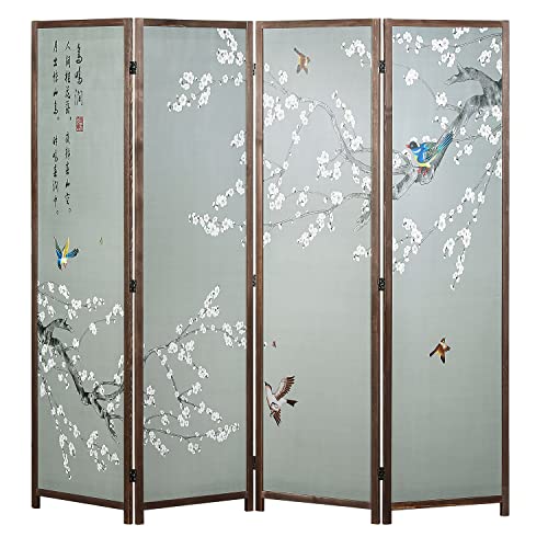 4-Panel Folding Room Divider with Brown Wooden Frame F21468