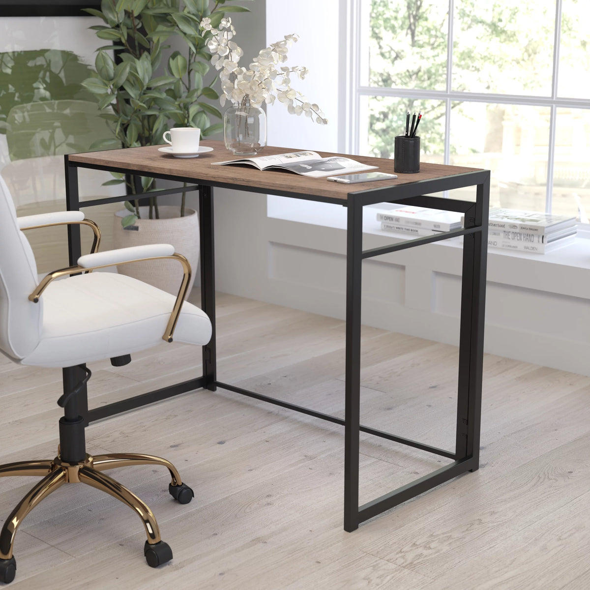 Folding Computer Desk with Wood Grain Finish and Metal Frame W899