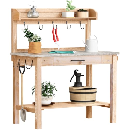 Outdoor Potting Bench Table with Storage Drawer and Removable Shelf Rack G4151
