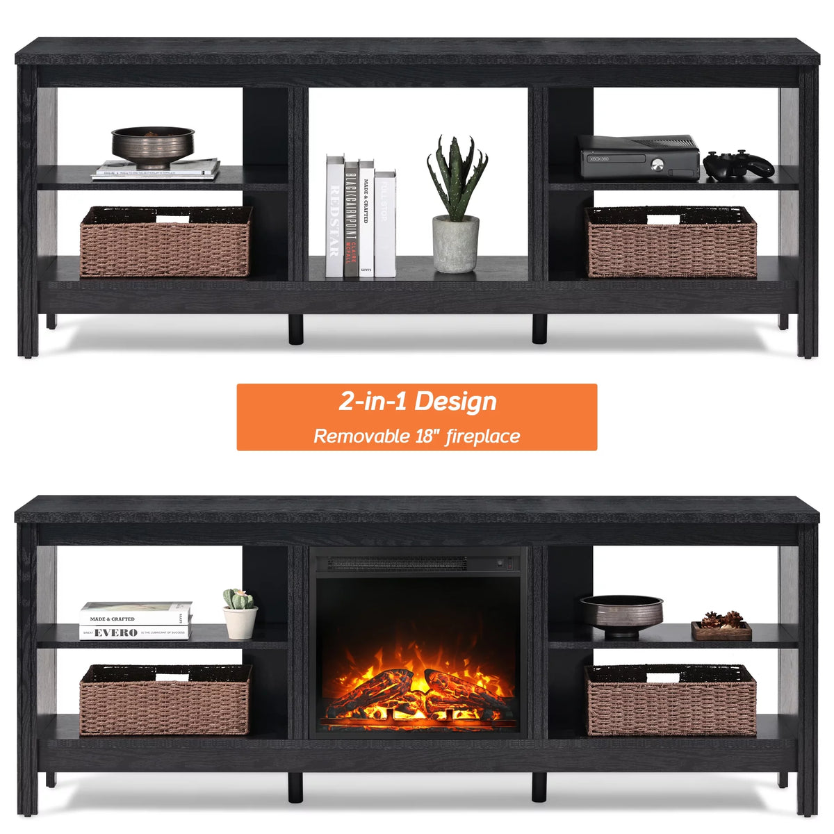 Black 70 inch Fireplace TV Stand L175