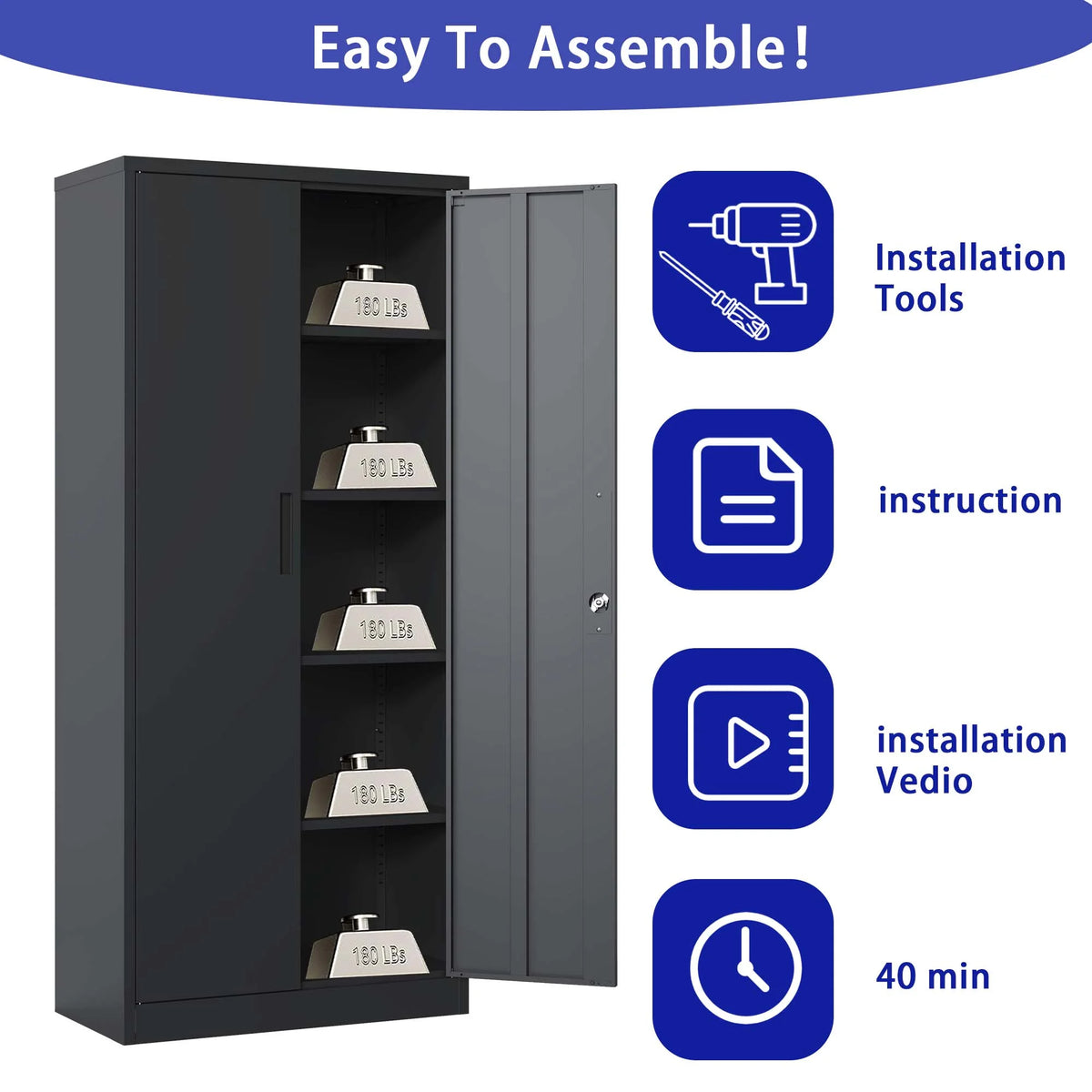 Black Metal Locking Storage Cabinet with 4 Shelves H8216