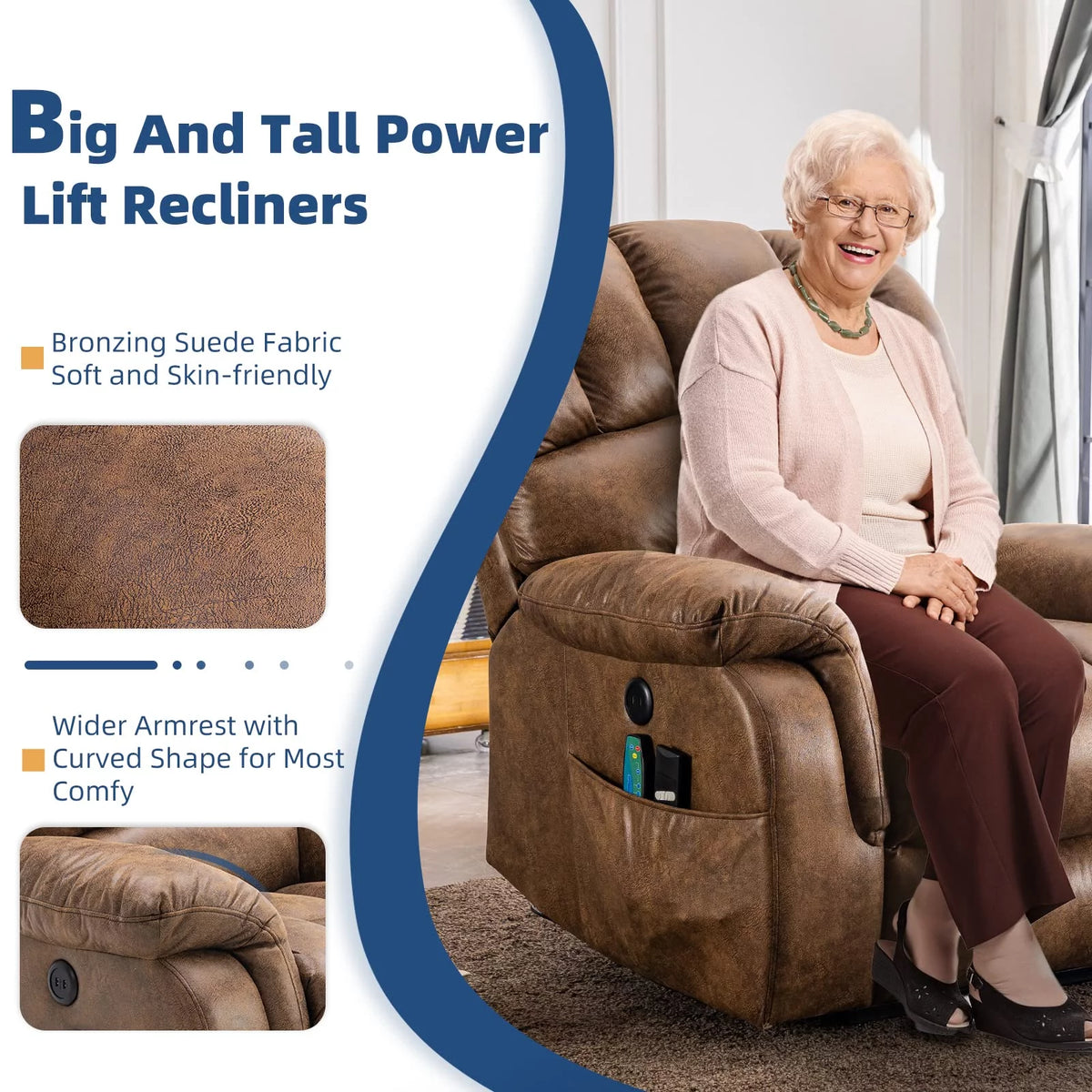 Brown Dual Motor Large Electric Lift Recliner Chair with Heated Massage C4272