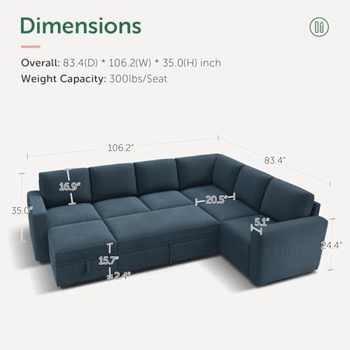 Dark Grey Corduroy L Shaped Sleeper Sofa with Pull Out Bed M174