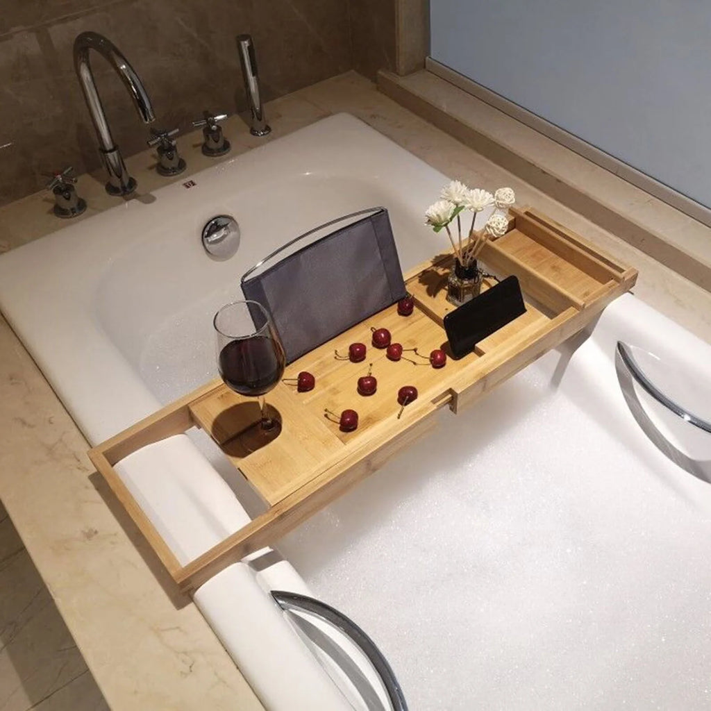 Expandable Bamboo Bathtub Caddy Tray with Wine Glass Holder L587