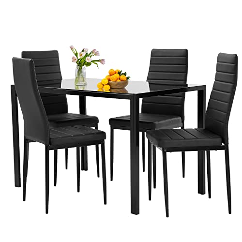 5-Piece Glass Dining Table Set with 4 Upholstered Chairs X544