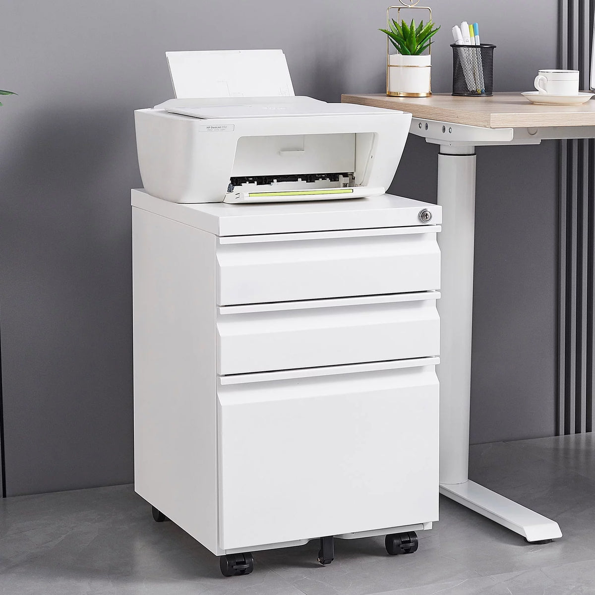 3 Drawer White Mobile File Cabinet with Lock W51841