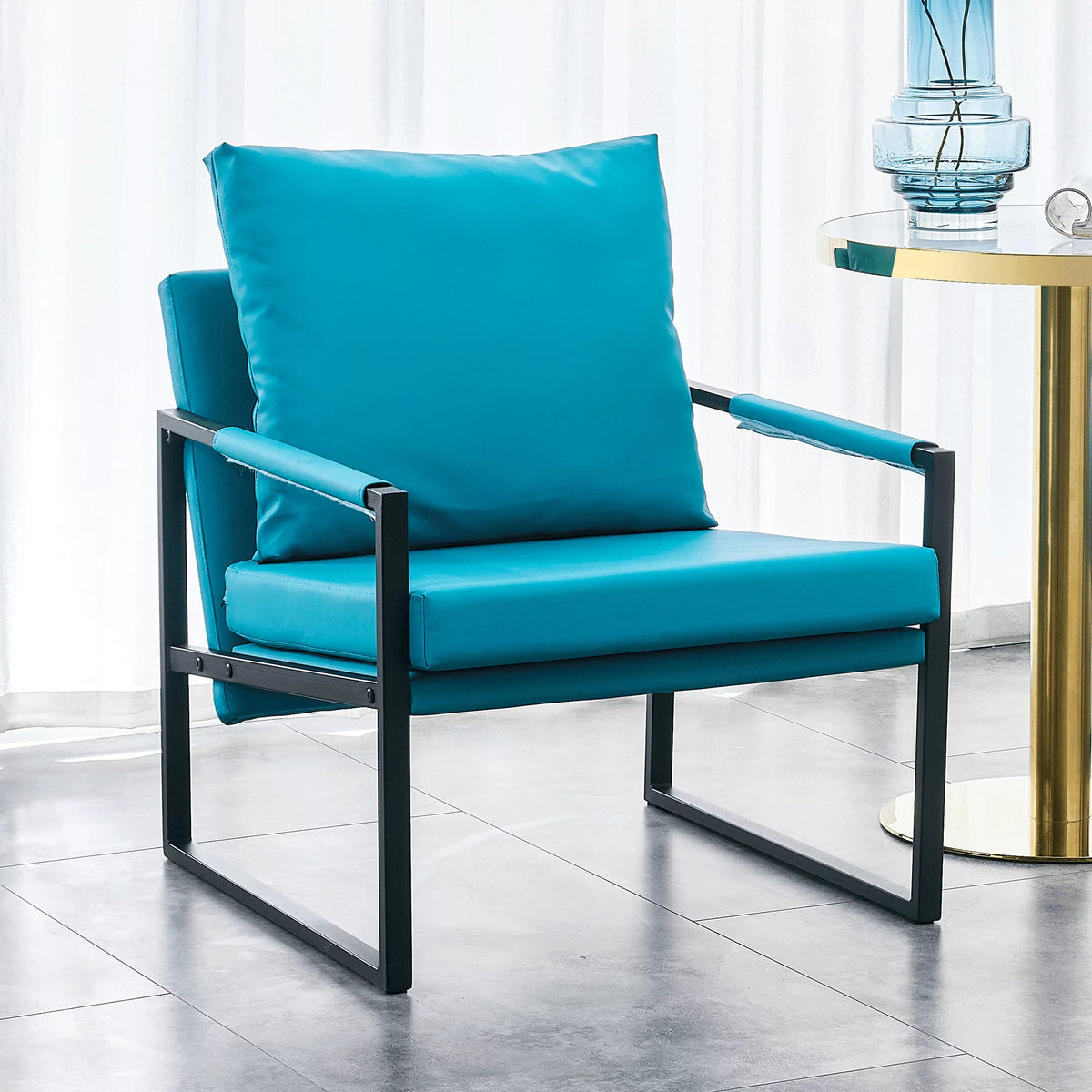 PU Leather Accent Arm Chair Mid Century Modern Upholstered Armchair Metal Frame Y544