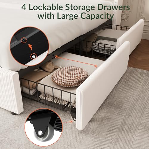 King Size White Corduroy Upholstered Platform Bed Frame with 4 Storage Drawers H610289