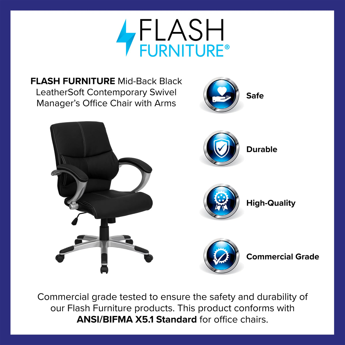 Black LeatherSoft Mid-Back Swivel Office Chair with Arms Q321199
