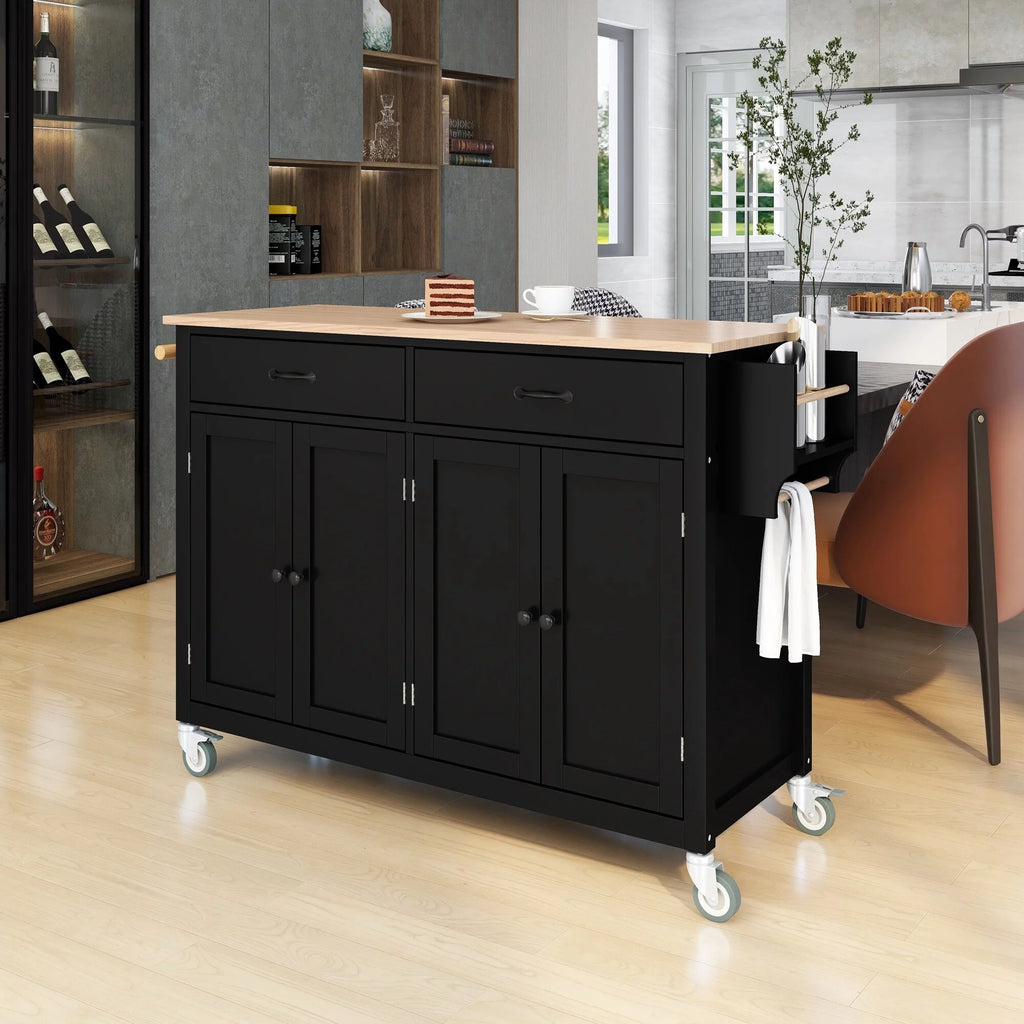 2-Drawer Rolling Kitchen Island Cart with Solid Wood Top & Door Cabinets Mint Green Y654