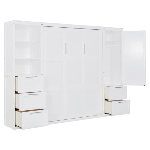 Queen Size White Murphy Bed with Drawers and Shelves P821