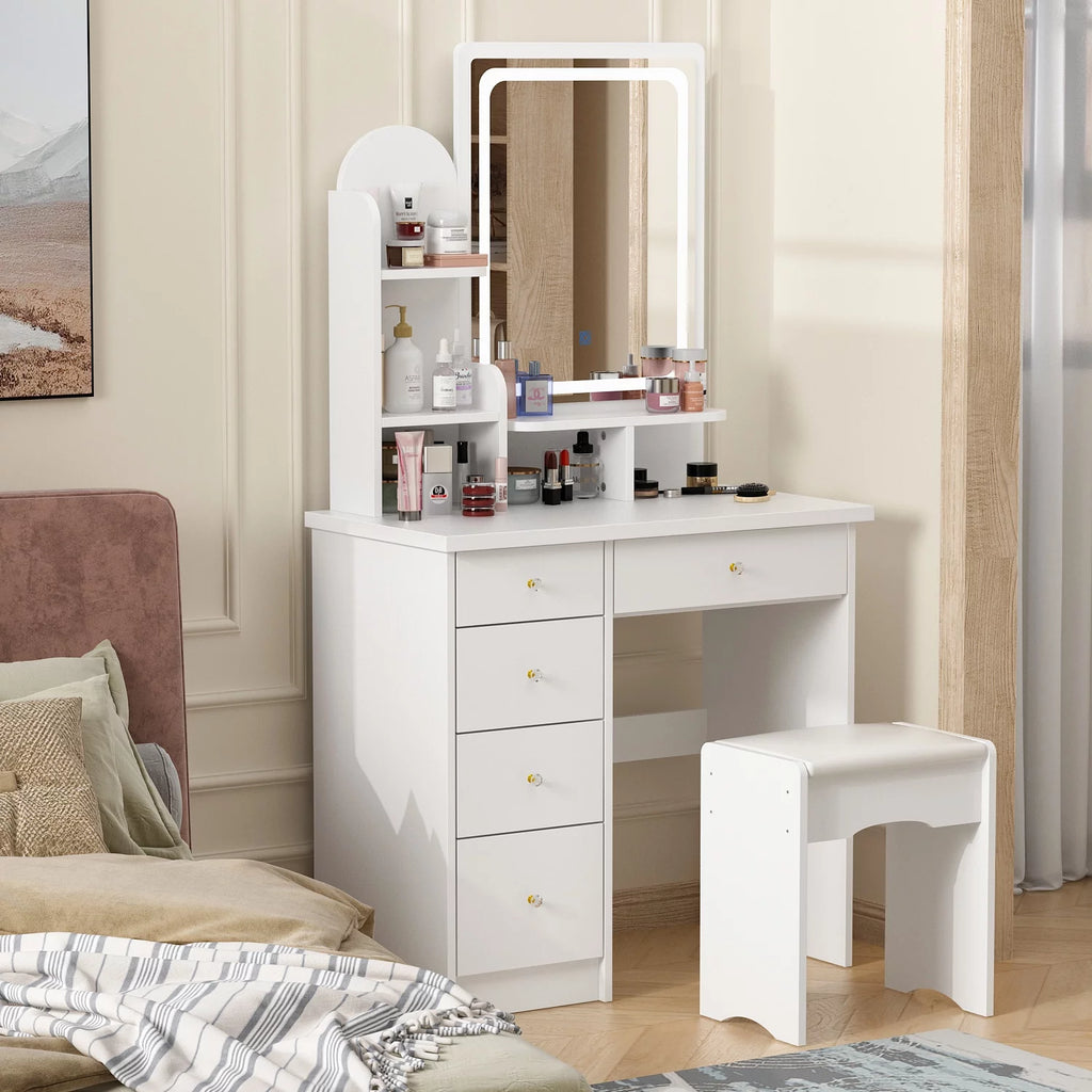 White Makeup Vanity Set with LED Light Mirror Stool K681