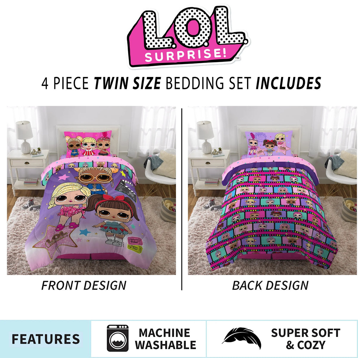 Kids Twin Bed in a Bag, Comforter and Sheets, Purple and Pink Y56080
