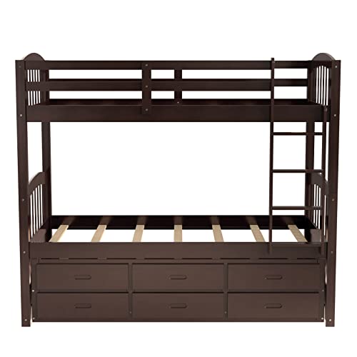 Twin Over Twin Wood Bunk Bed with Trundle and Storage Drawers R102