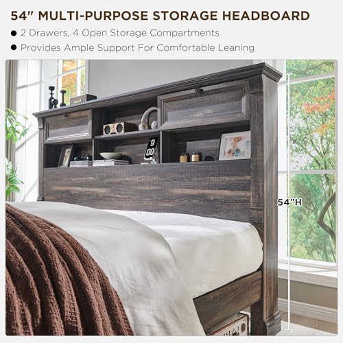 King Size Wood Platform Bed Frame with Storage Headboard and 2 Drawers Antique White R1863