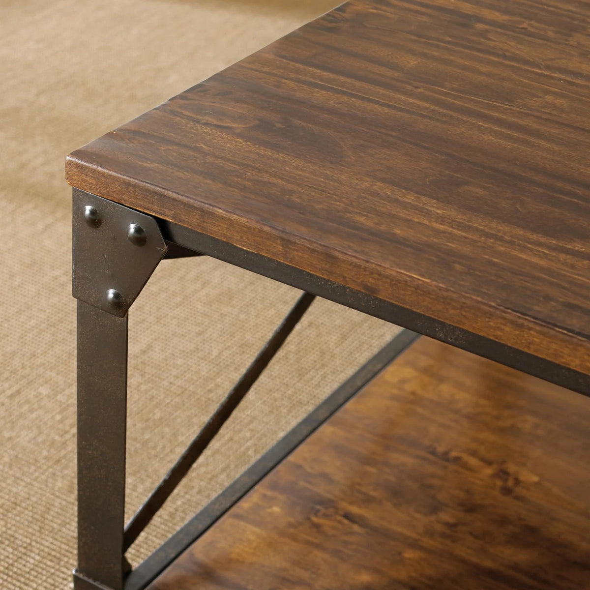 Square End Table Distressed Tobacco Brown Metal Frame M63568