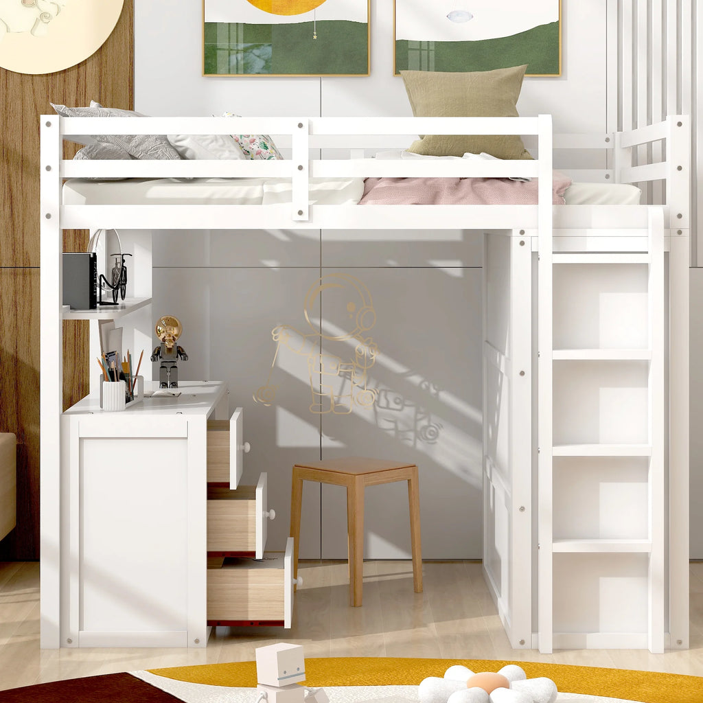 White Twin Size Wooden Loft Bed with Drawers, Desk, Wardrobe, Ladder & Safety Rails Z5715