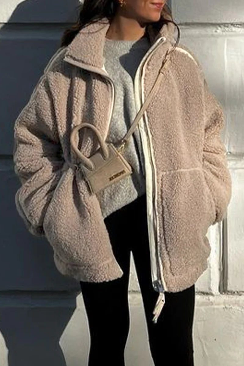 Solid Zipper Mandarin Collar Outerwear Q464423
