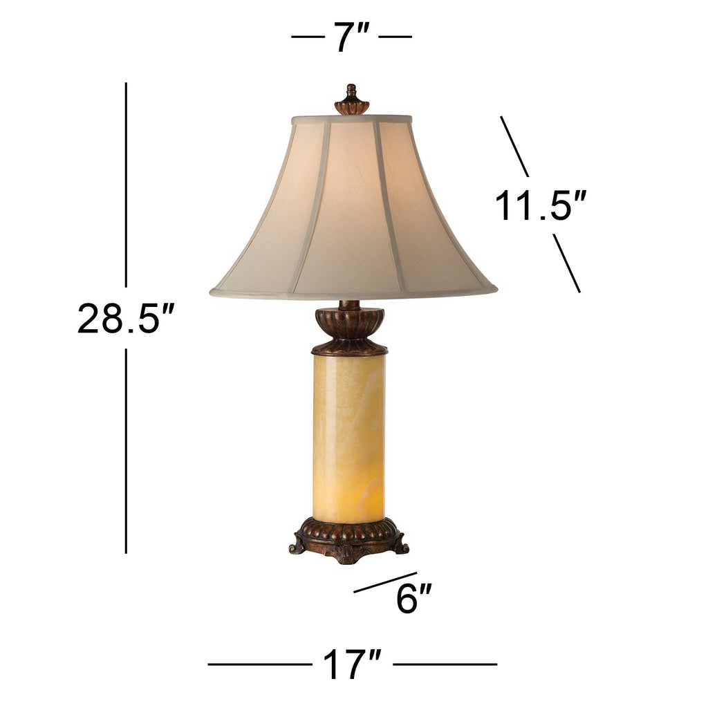 Traditional Table Lamp with Nightlight Bronze Onyx Column Off White Bell Shade R9417