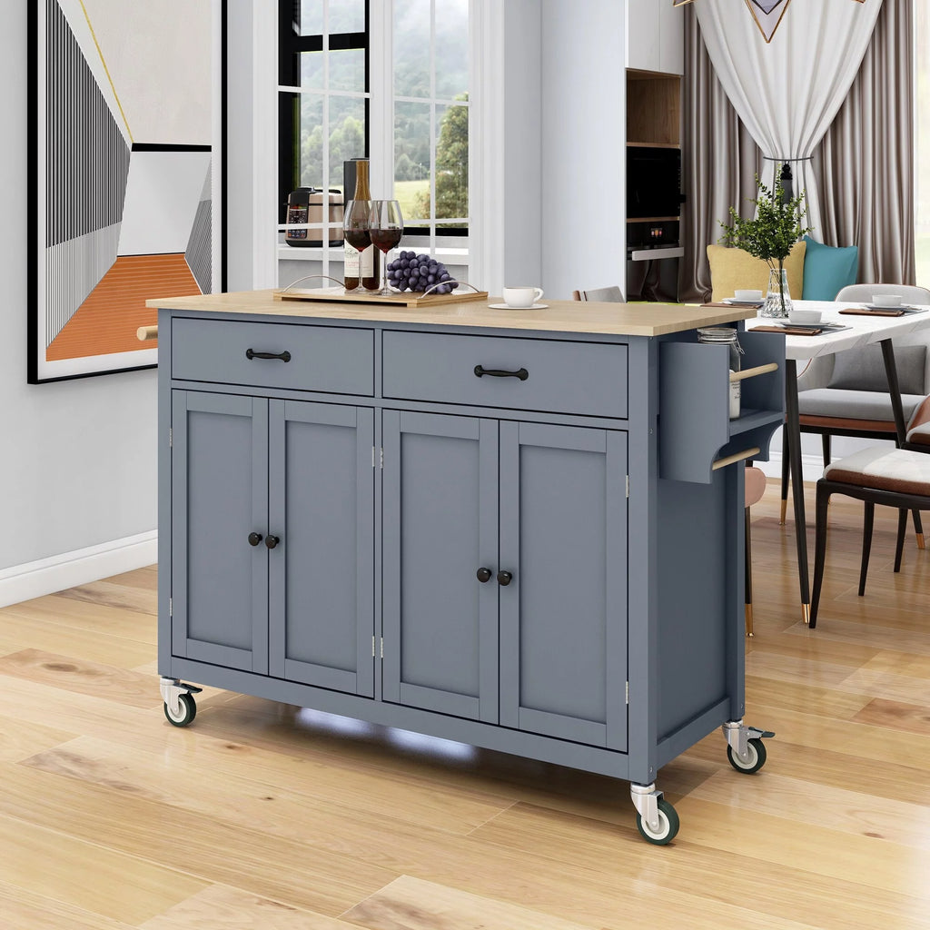 2-Drawer Rolling Kitchen Island Cart with Solid Wood Top & Door Cabinets Mint Green Y654