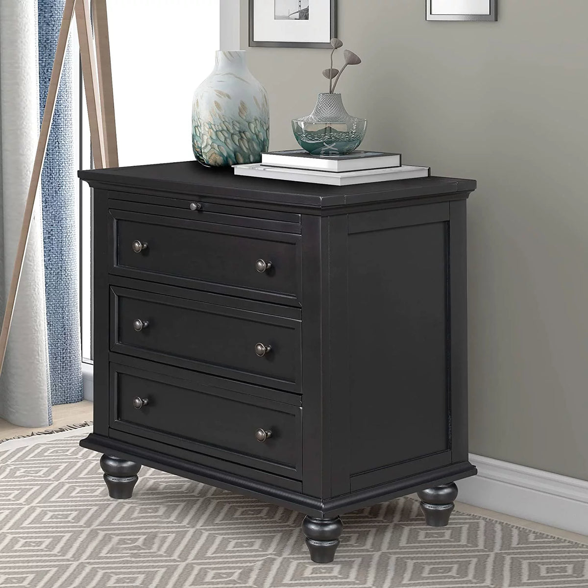 Black 3 Drawer Pine Wood Dresser B32807