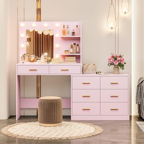 Black Vanity Desk with Mirror and Lights, 8 Storage Drawers U307
