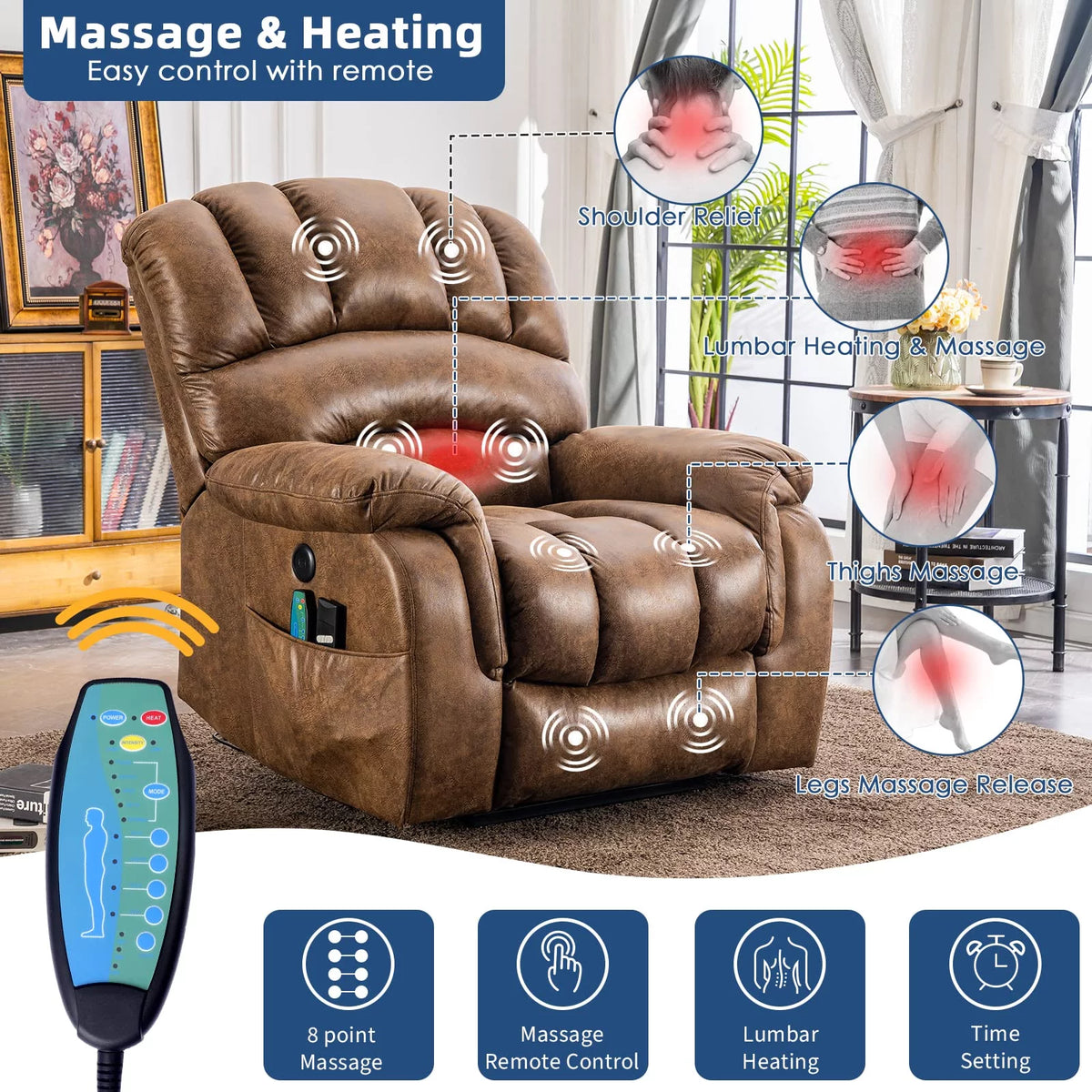 Brown Dual Motor Large Electric Lift Recliner Chair with Heated Massage C4272