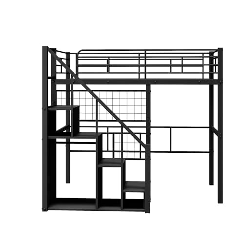 Full Size Black Metal Loft Bed with Desk and Wardrobe J370