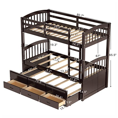 Twin Over Twin Wood Bunk Bed with Trundle and Storage Drawers R102