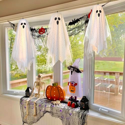3 Pack 12" Lighted Hanging Ghost Halloween Decorations with Sheer Gauze A2629