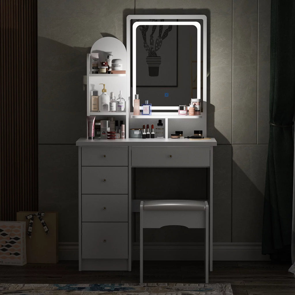 White Makeup Vanity Set with LED Light Mirror Stool K681
