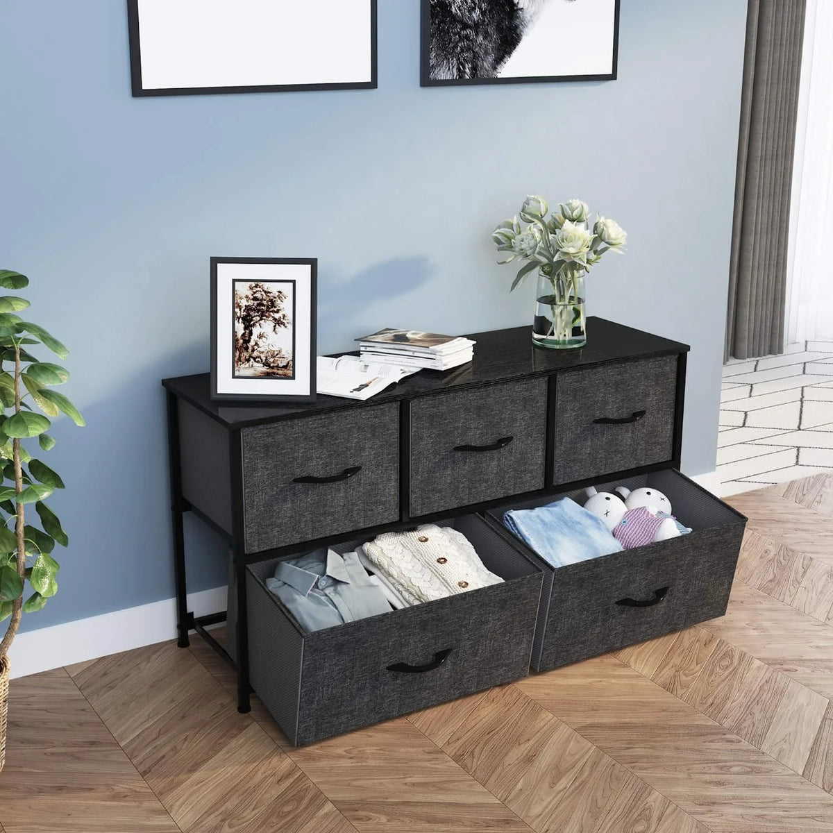 Black Grey 5 Drawer Fabric Dresser E634898