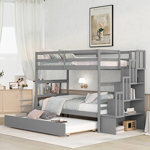 Twin Over Twin White Solid Wood Bunk Bed with Trundle and Storage Stairs R446184