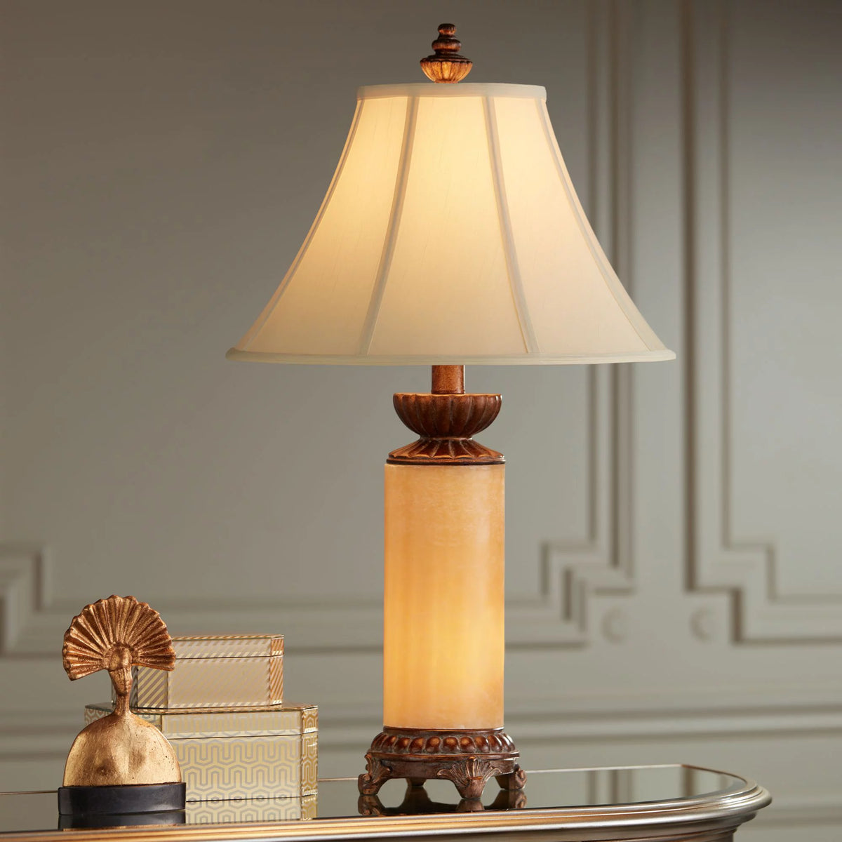 Traditional Table Lamp with Nightlight Bronze Onyx Column Off White Bell Shade R9417