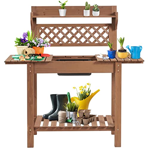 Brown Wooden Potting Bench Table V47830