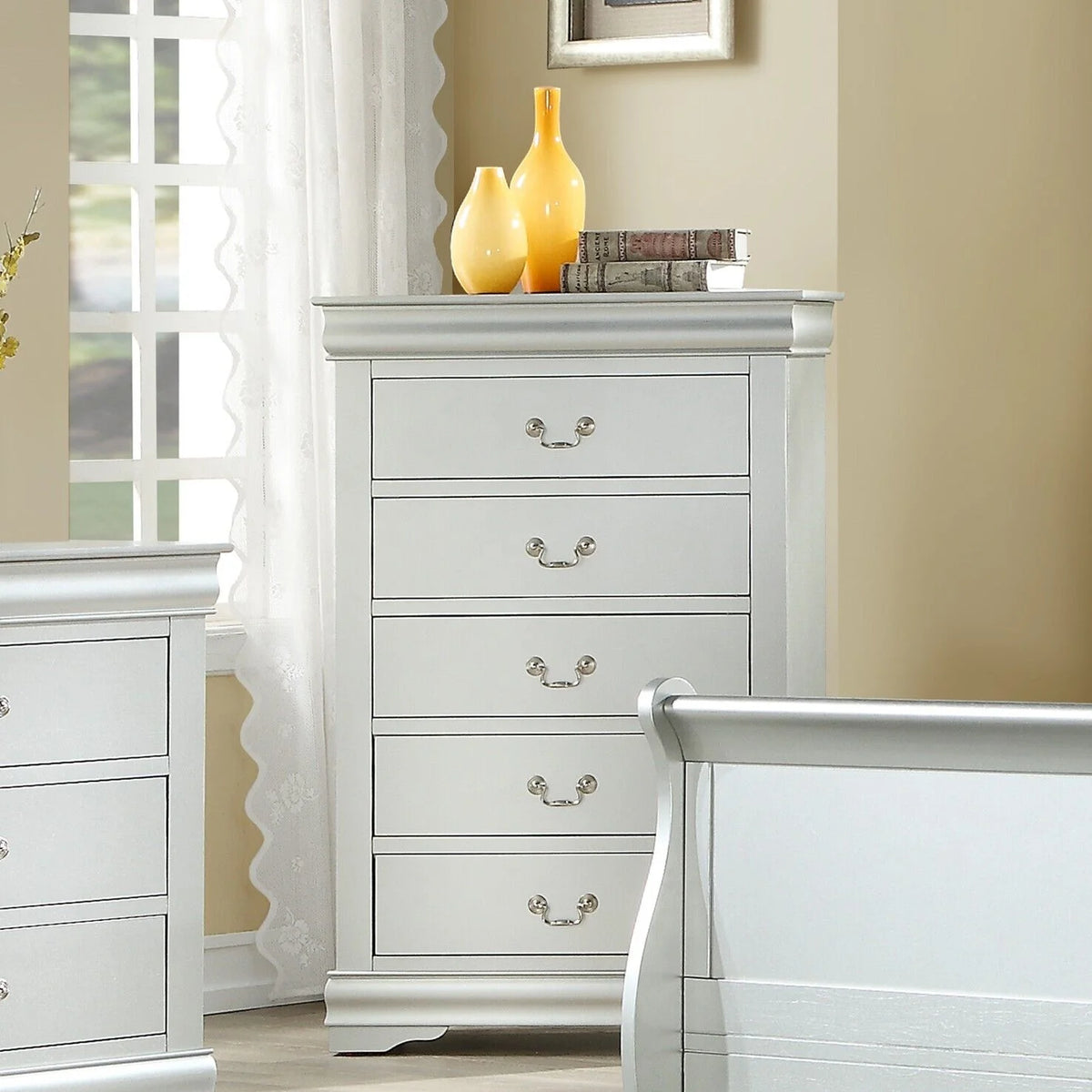 5pc Bedroom Set Twin Bed Dresser Chest Nightstand Mirror N410345
