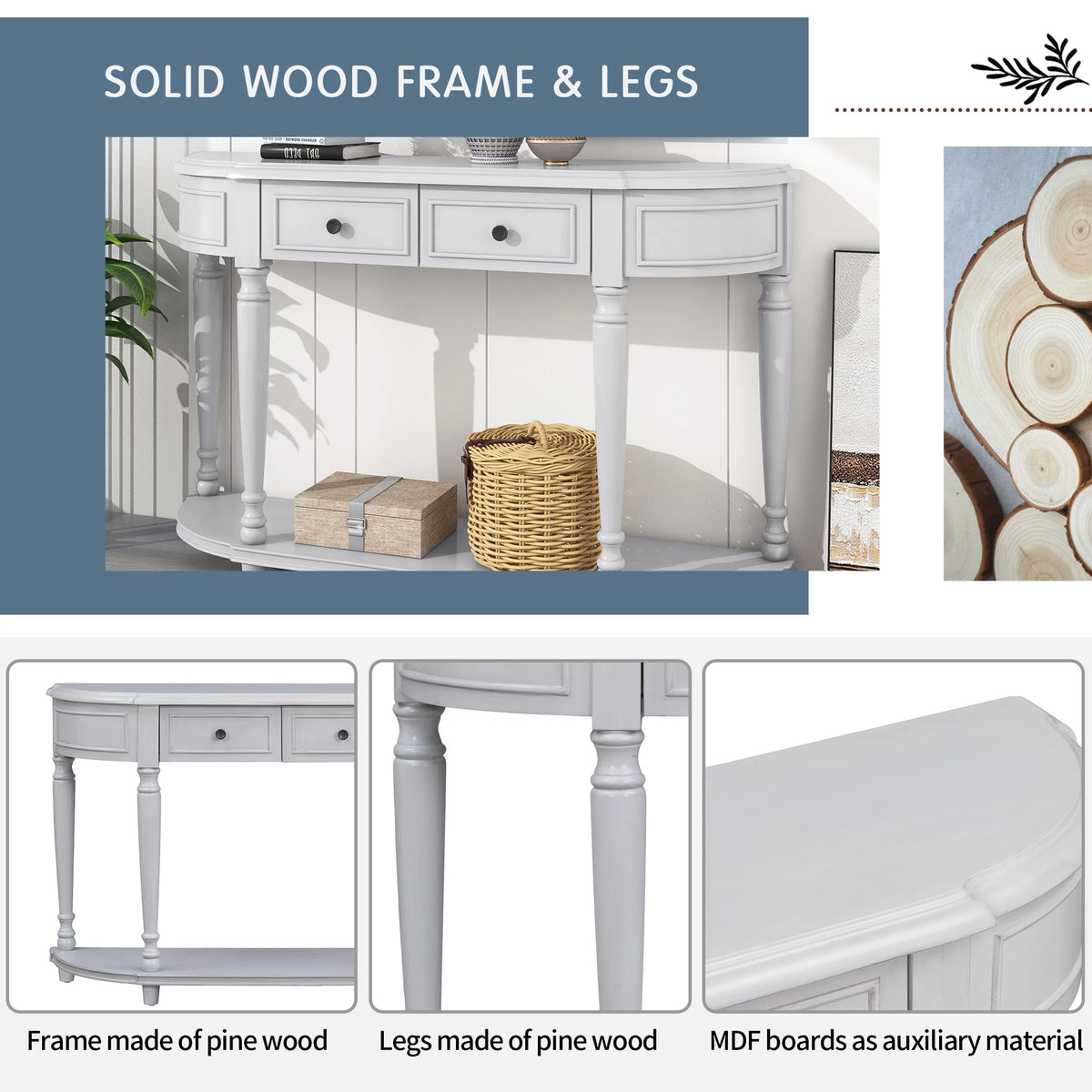 52'' Solid Wood Curved Console Table with 2 Drawers and 1 Shelf F837585