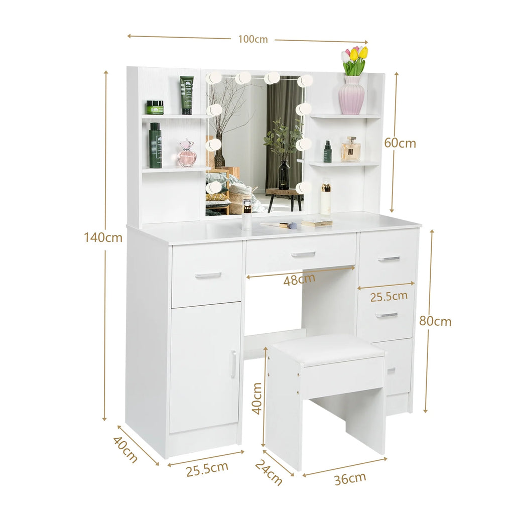 White Makeup Vanity Set with Mirror and Lights K626883