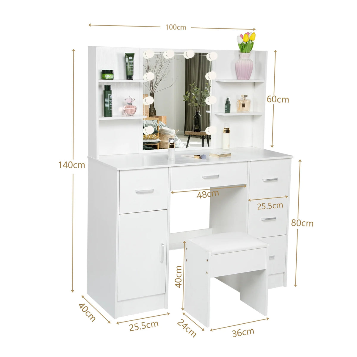 White Makeup Vanity Set with Mirror and Lights K626883