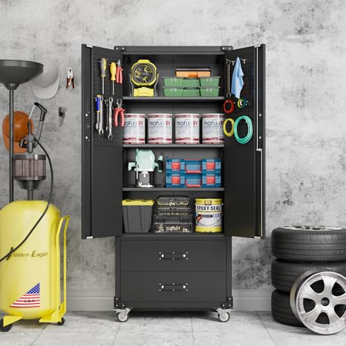 Black Metal Garage Storage Cabinet with Pegboard Z71677