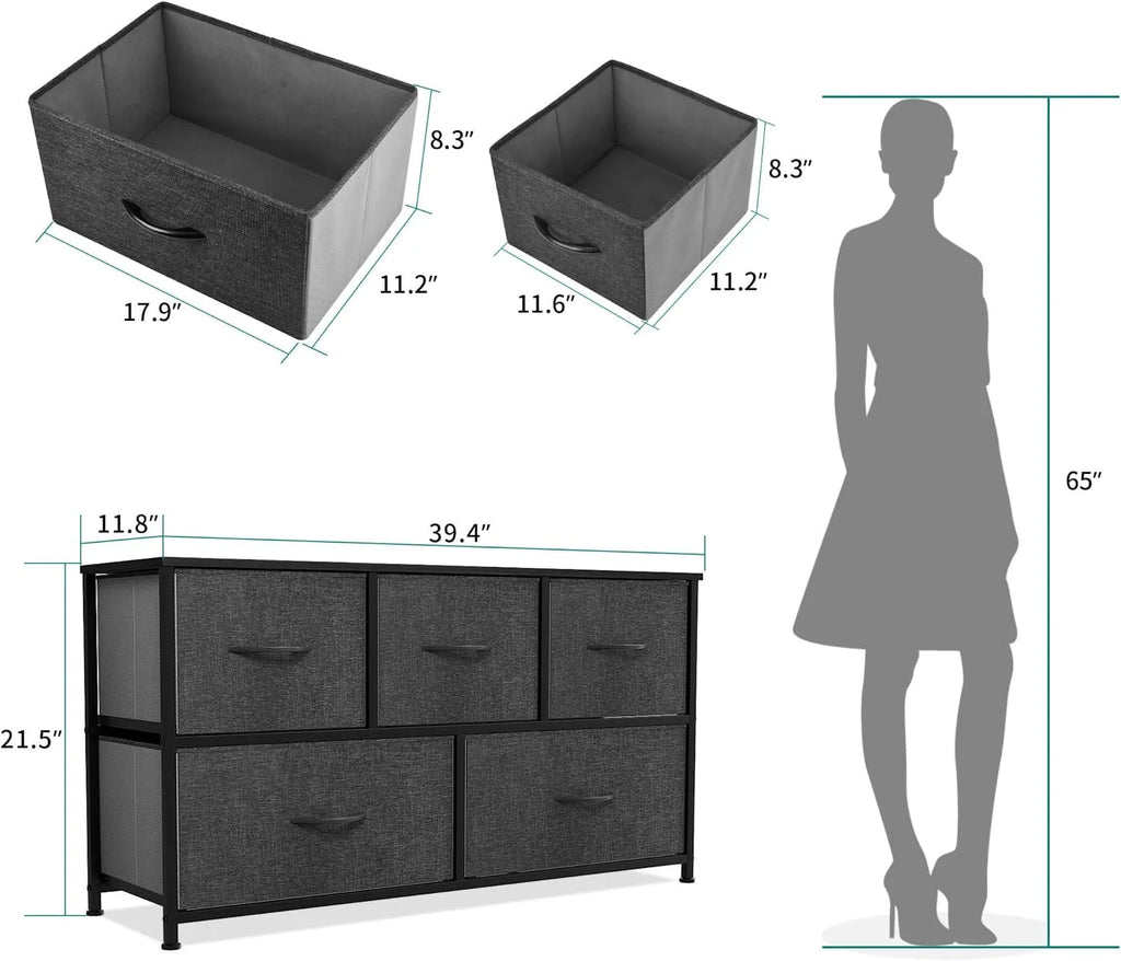 Black Grey 5 Drawer Fabric Dresser E634898