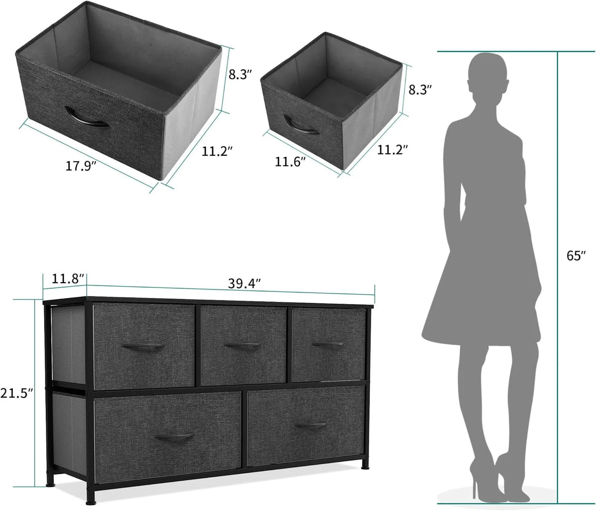 Black Grey 5 Drawer Fabric Dresser E634898